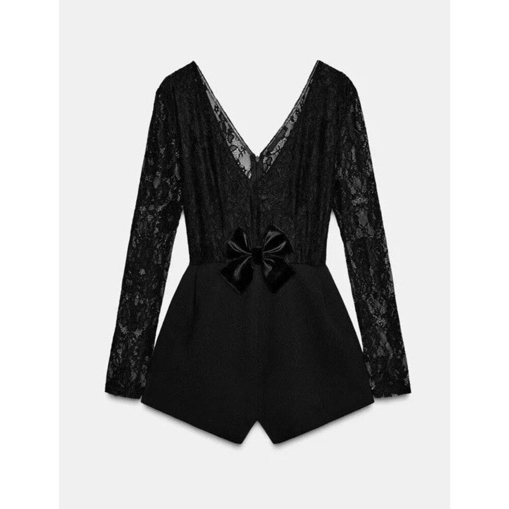ZARA Lace Combination Jumpsuit Black Romper NWT Size S 4813/842 V-Neck Bow Viral